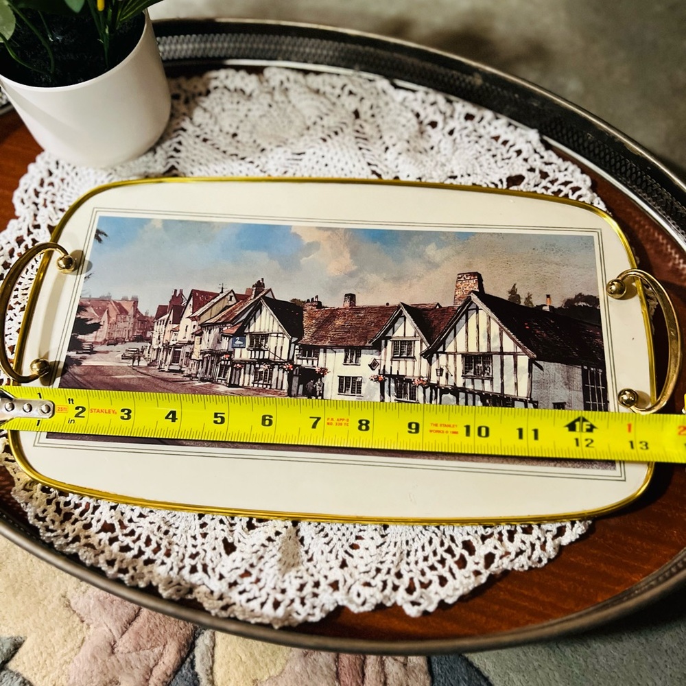 Vintage Style Rectangular Tray with Village Scene - Multicolor